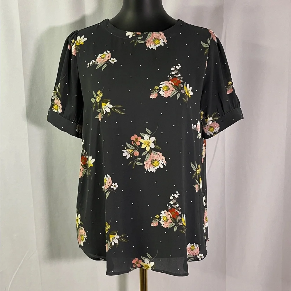 LOFT Gray Multicolor Floral Polka Dot Print Short Puff Sleeve Button Back Blouse